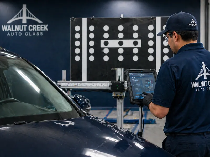 Walnut Creek Auto Glass technician performing ADAS calibration with diagnostic tablet