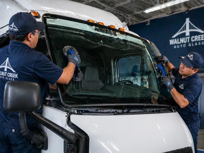 Two Walnut Creek Auto Glass technicians replacing a commercial truck windshield