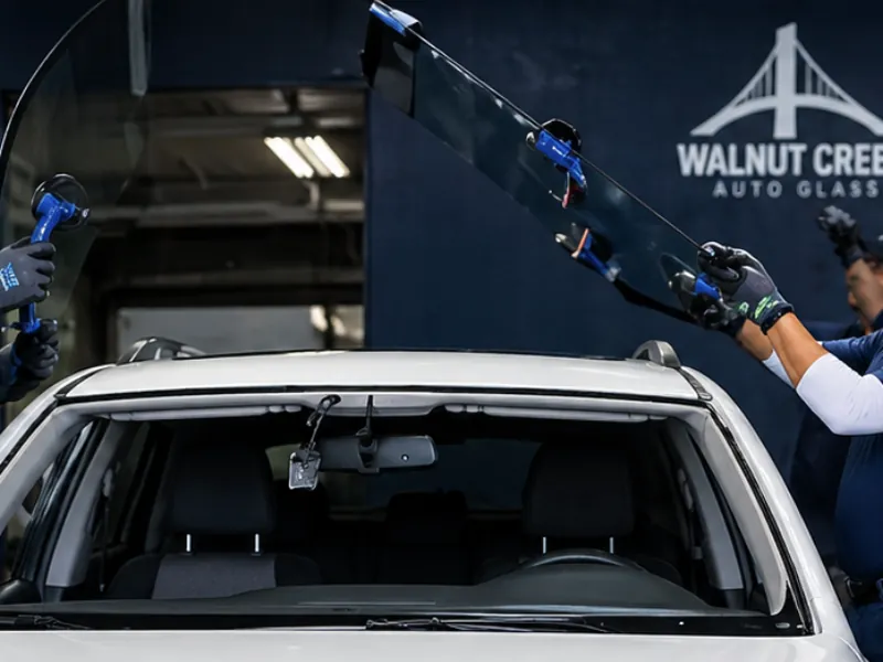 Two Walnut Creek Auto Glass technicians installing a windshield